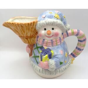 Ceramic Snowman Pitcher Christmas Jug Hand Painted Broom Spout 7” Unbranded